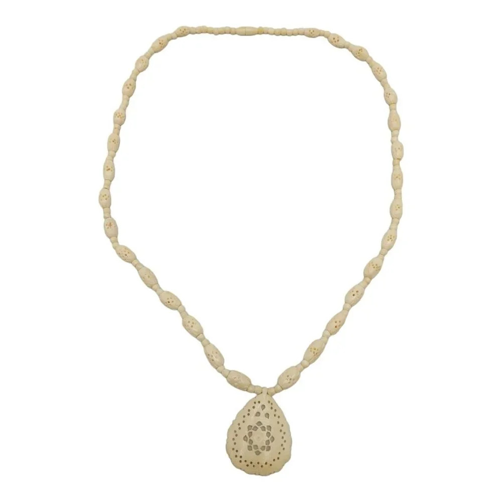 Bovine Bone Bead Beaded Flower Carved Statement Necklace